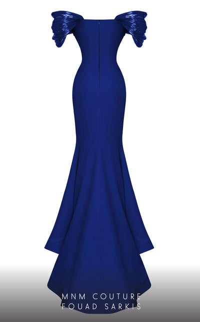 MNM Couture 2774: Long evening dress with V-neckline, ruched bodice, and short sleeves for a timeless look. | Couture Shop LA