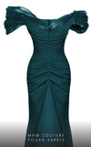 MNM Couture 2774 : Ruched V-Neck Gown with Sleek Train and Short Sleeves