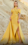 Off-the-shoulder gown with high slit, halter back, and fitted crepe material for modern glamour.