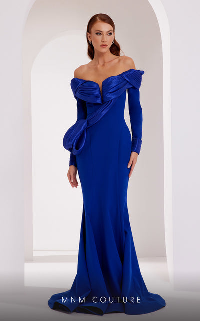 MNM Couture 2791: V-neck crepe gown with mermaid cut and long sleeves. | Couture Shop LA