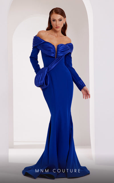 MNM Couture 2791: V-neck crepe gown with mermaid cut and long sleeves. | Couture Shop LA