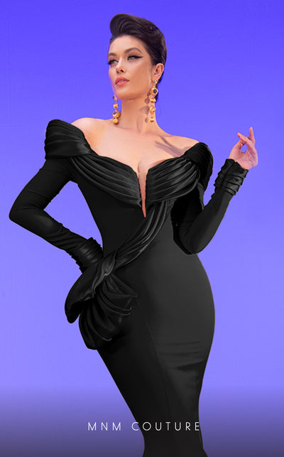 MNM Couture 2791: V-neck crepe gown with mermaid cut and long sleeves. | Couture Shop LA