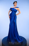 MNM Couture 2792: Asymmetrical mermaid evening gown with metallic sheen, bold embellishments, and a captivating silhouette. | Couture Shop LA.