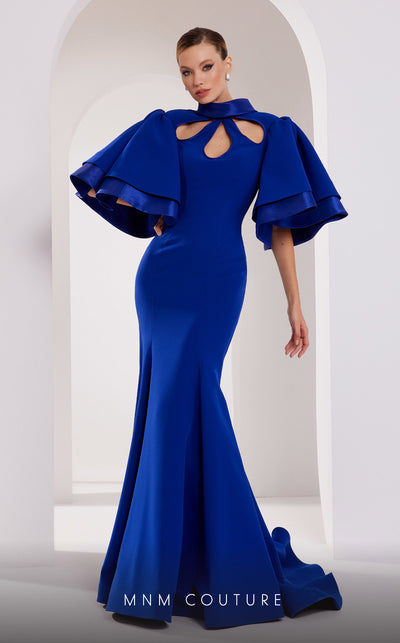 MNM Couture 2798: keyhole neck crepe gown with puffed sleeves. | Couture Shop LA