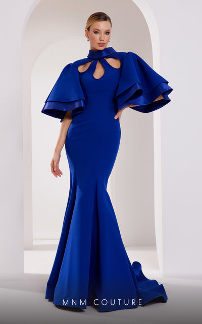 MNM Couture 2798: keyhole neck crepe gown with puffed sleeves. | Couture Shop LA