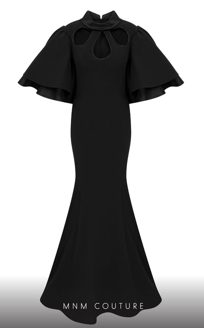 MNM Couture 2798: keyhole neck crepe gown with puffed sleeves. | Couture Shop LA