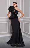 Elegant MNM Couture 2799A gown for Red carpet: Asymmetrical neckline, draped bust, waist embellishments, Roman classic skirt, and shoulder tassel detail | Couture Shop LA
