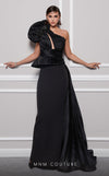Elegant MNM Couture 2799A gown for Red carpet: Asymmetrical neckline, draped bust, waist embellishments, Roman classic skirt, and shoulder tassel detail | Couture Shop LA