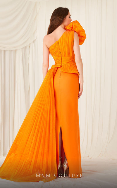 Elegant MNM Couture 2799A gown for Red carpet: Asymmetrical neckline, draped bust, waist embellishments, Roman classic skirt, and shoulder tassel detail | Couture Shop LA