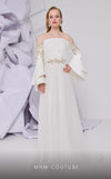MNM Couture B1103 organza/rayon crepe dress with off-shoulder design and long sleeves. | Couture Shop LA