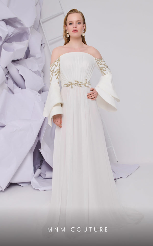 MNM Couture B1103 organza/rayon crepe dress with off-shoulder design and long sleeves. | Couture Shop LA