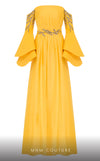 MNM Couture B1103 organza/rayon crepe dress with off-shoulder design and long sleeves. | Couture Shop LA
