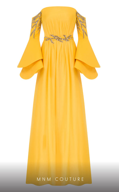 MNM Couture B1103 organza/rayon crepe dress with off-shoulder design and long sleeves. | Couture Shop LA