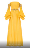 MNM Couture B1103 organza/rayon crepe dress with off-shoulder design and long sleeves. | Couture Shop LA
