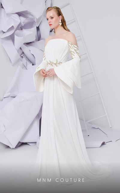 MNM Couture B1103 organza/rayon crepe dress with off-shoulder design and long sleeves. | Couture Shop LA