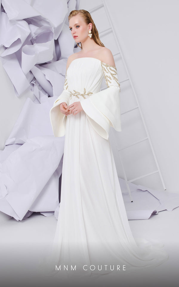 MNM Couture B1103 organza/rayon crepe dress with off-shoulder design and long sleeves. | Couture Shop LA