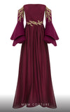 MNM Couture B1103 organza/rayon crepe dress with off-shoulder design and long sleeves. | Couture Shop LA