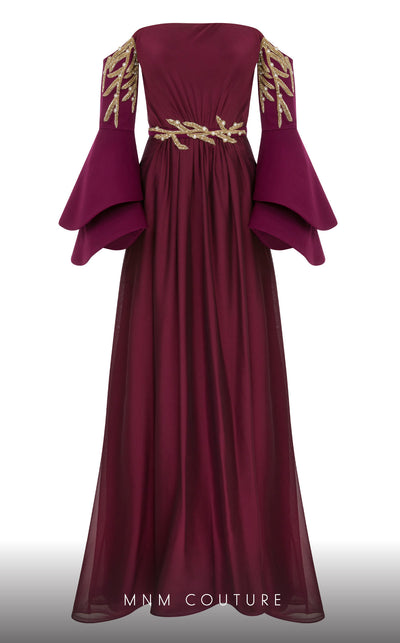 MNM Couture B1103 organza/rayon crepe dress with off-shoulder design and long sleeves. | Couture Shop LA