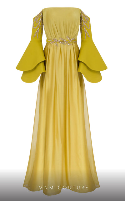 MNM Couture B1103 organza/rayon crepe dress with off-shoulder design and long sleeves. | Couture Shop LA