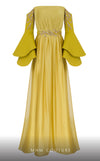MNM Couture B1103 organza/rayon crepe dress with off-shoulder design and long sleeves. | Couture Shop LA