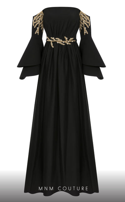MNM Couture B1103 organza/rayon crepe dress with off-shoulder design and long sleeves. | Couture Shop LA