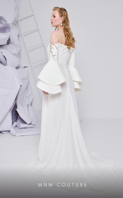MNM Couture B1103 organza/rayon crepe dress with off-shoulder design and long sleeves. | Couture Shop LA