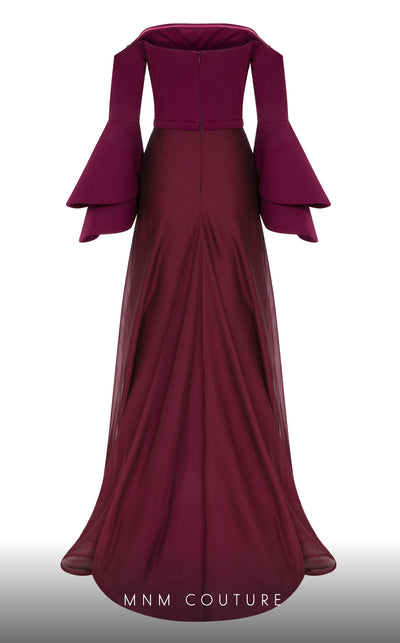 MNM Couture B1103 organza/rayon crepe dress with off-shoulder design and long sleeves. | Couture Shop LA