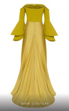 MNM Couture B1103 organza/rayon crepe dress with off-shoulder design and long sleeves. | Couture Shop LA