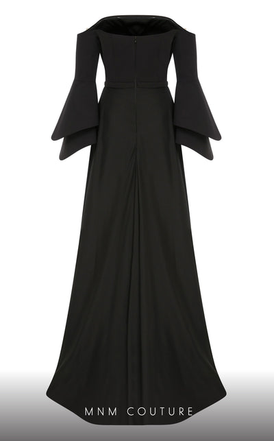MNM Couture B1103 organza/rayon crepe dress with off-shoulder design and long sleeves. | Couture Shop LA