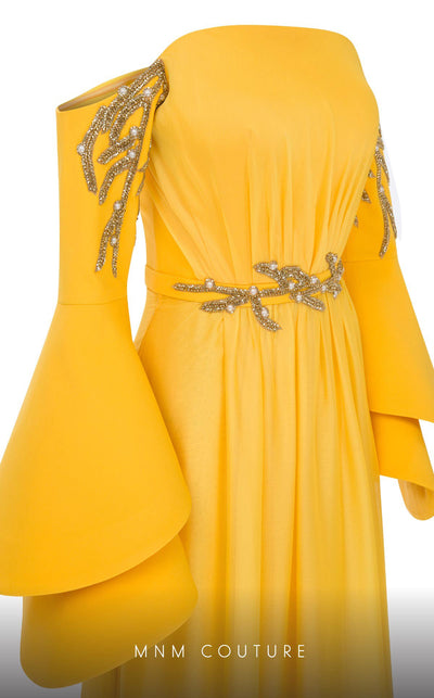 MNM Couture B1103 organza/rayon crepe dress with off-shoulder design and long sleeves. | Couture Shop LA