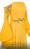 MNM Couture B1103 organza/rayon crepe dress with off-shoulder design and long sleeves. | Couture Shop LA