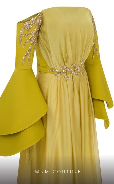 MNM Couture B1103 organza/rayon crepe dress with off-shoulder design and long sleeves. | Couture Shop LA