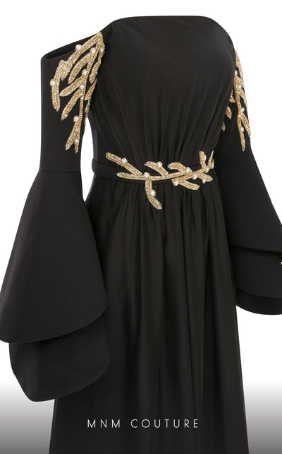MNM Couture B1103 organza/rayon crepe dress with off-shoulder design and long sleeves. | Couture Shop LA