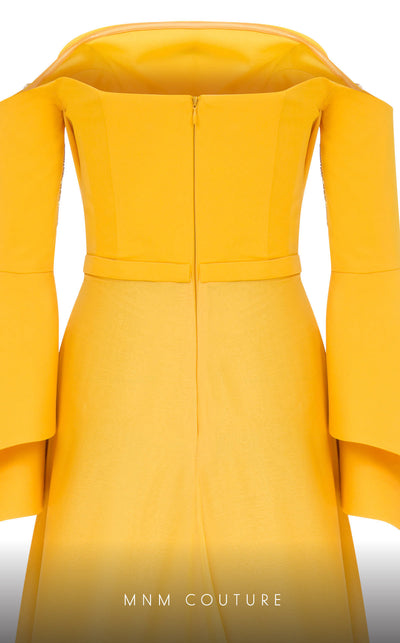 MNM Couture B1103 organza/rayon crepe dress with off-shoulder design and long sleeves. | Couture Shop LA