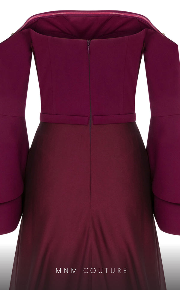 MNM Couture B1103 organza/rayon crepe dress with off-shoulder design and long sleeves. | Couture Shop LA