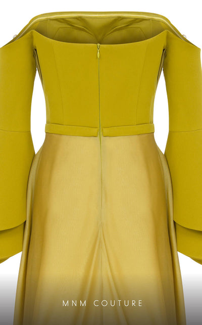 MNM Couture B1103 organza/rayon crepe dress with off-shoulder design and long sleeves. | Couture Shop LA