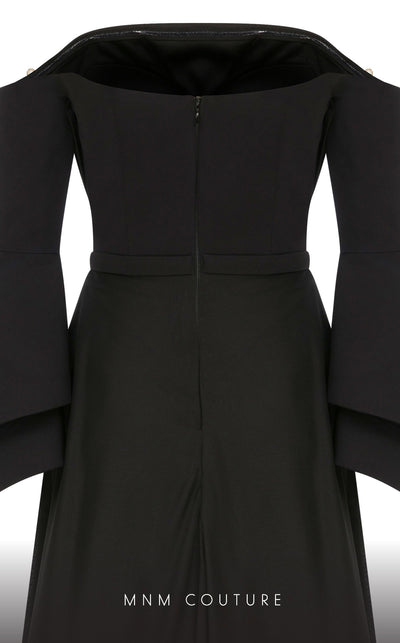 MNM Couture B1103 organza/rayon crepe dress with off-shoulder design and long sleeves. | Couture Shop LA