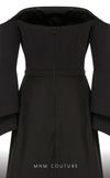 MNM Couture B1103 organza/rayon crepe dress with off-shoulder design and long sleeves. | Couture Shop LA