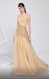 MNM Couture B1110 tulle dress with asymmetrical sleeve and beaded embroidery. | Couture Shop LA