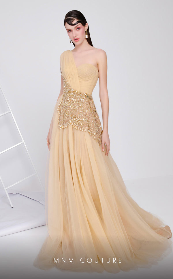 MNM Couture B1110 tulle dress with asymmetrical sleeve and beaded embroidery. | Couture Shop LA