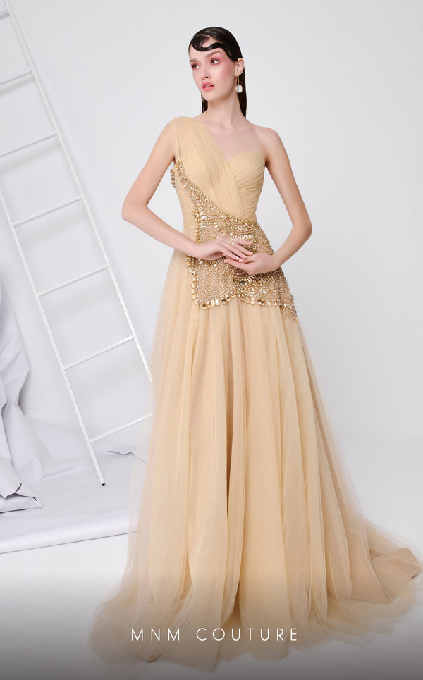MNM Couture B1110 tulle dress with asymmetrical sleeve and beaded embroidery. | Couture Shop LA