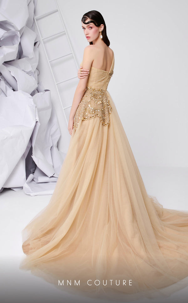 MNM Couture B1110 tulle dress with asymmetrical sleeve and beaded embroidery. | Couture Shop LA