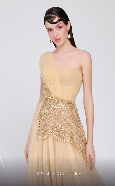 MNM Couture B1110 tulle dress with asymmetrical sleeve and beaded embroidery. | Couture Shop LA