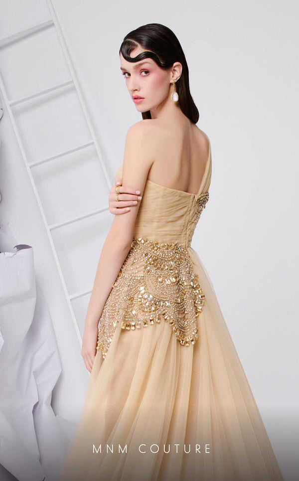 MNM Couture B1110 tulle dress with asymmetrical sleeve and beaded embroidery. | Couture Shop LA