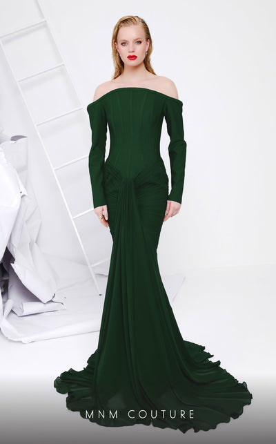 MNM Couture B1112 crepe/chiffon dress with long sleeves and mermaid cut. | Couture Shop LA