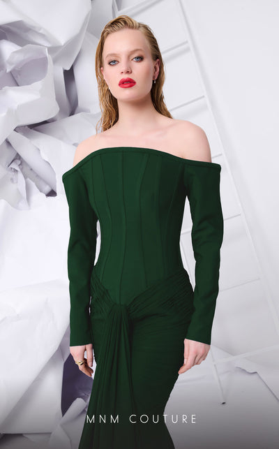 MNM Couture B1112 crepe/chiffon dress with long sleeves and mermaid cut. | Couture Shop LA