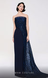 MNM Couture B1116 navy crepe column dress with bead and sequin details creating a tail effect. | Couture Shop LA