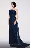 MNM Couture B1116 navy crepe column dress with bead and sequin details creating a tail effect. | Couture Shop LA