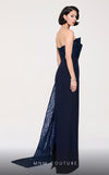 MNM Couture B1116 navy crepe column dress with bead and sequin details creating a tail effect. | Couture Shop LA