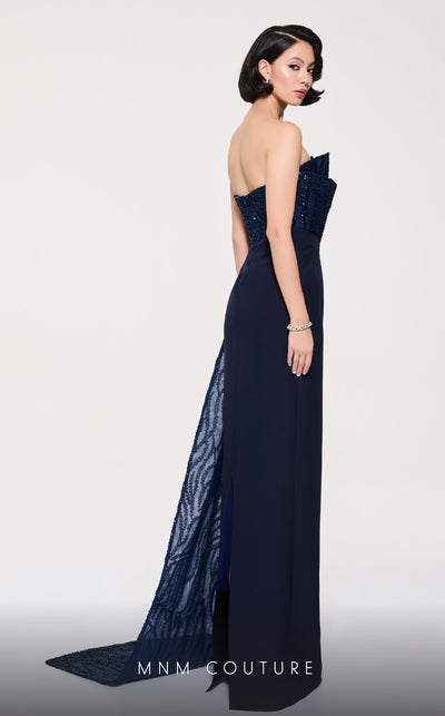 MNM Couture B1116 navy crepe column dress with bead and sequin details creating a tail effect. | Couture Shop LA